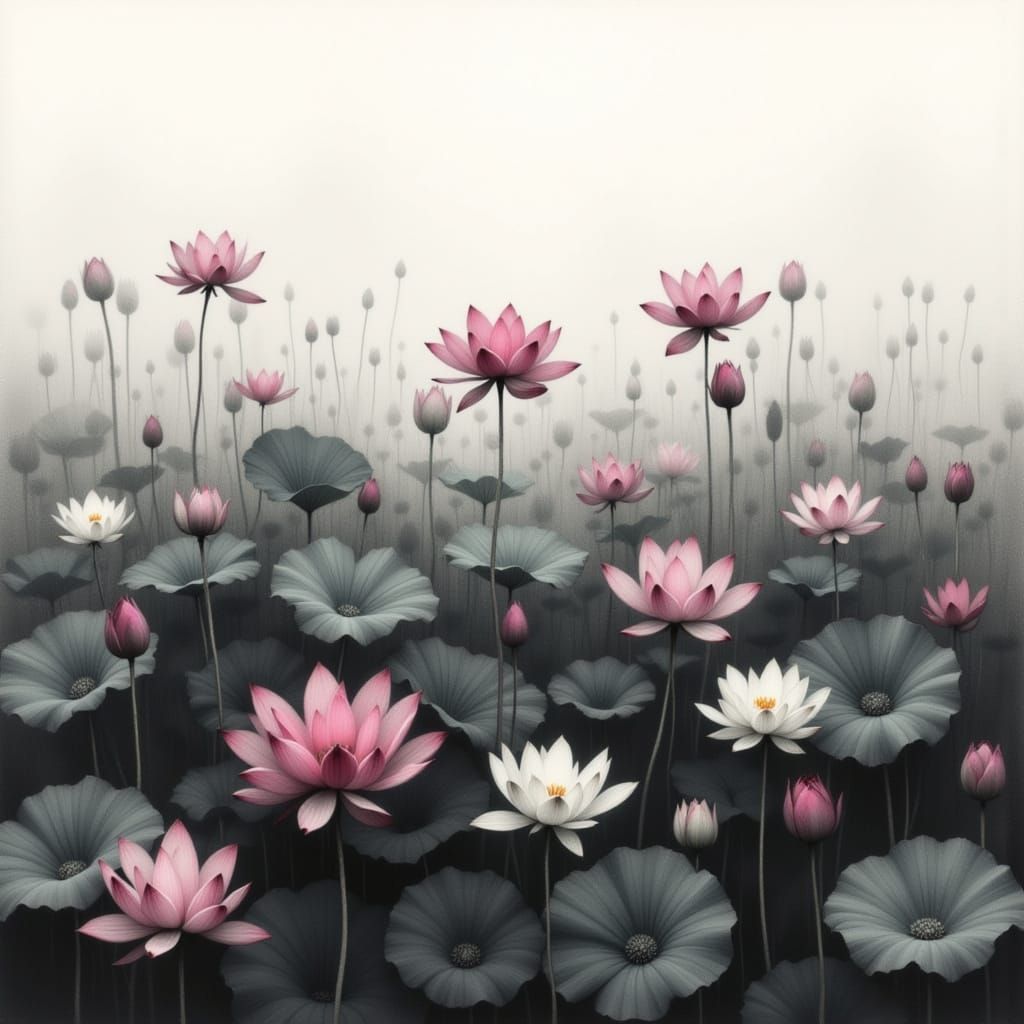 Serene Lotus Field in Charcoal Style