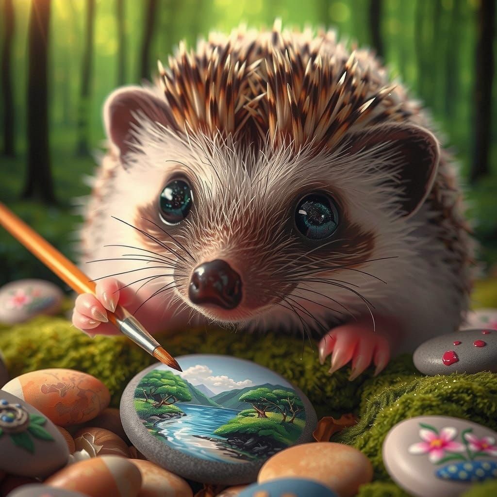 Cute Hedgehog Paints Tiny Artworks in Forest