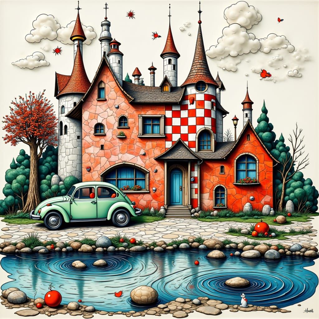 Surreal Patchwork House with Geometric Pond, Pen and Ink