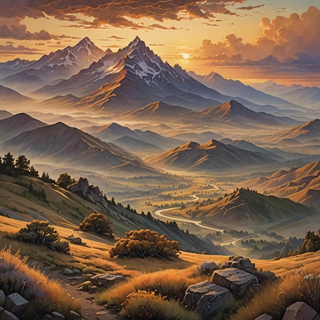 Sunset Mountain Range in Oil Painting Style