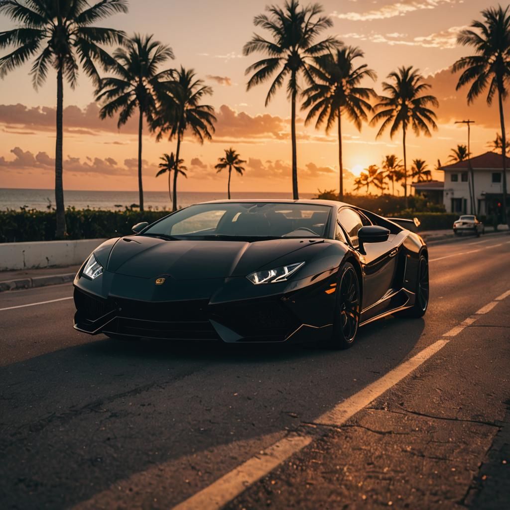 Black Lamborghini at Sunset: Cinematic Film Still