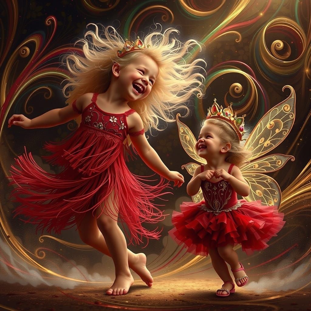Whimsical Fairy Dancing in Crimson Red Attire with Golden Ha...