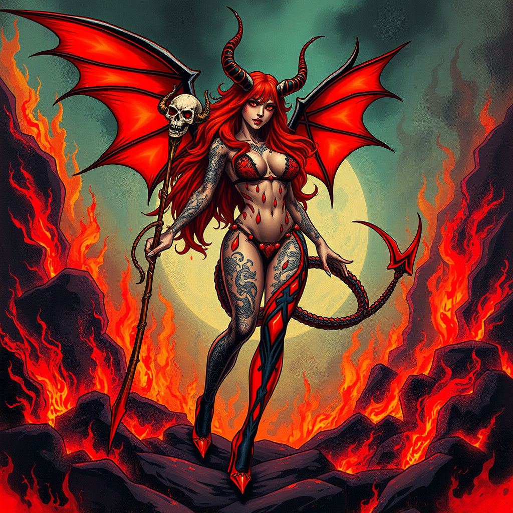 Seductive Devil Woman with Fiery Red Hair