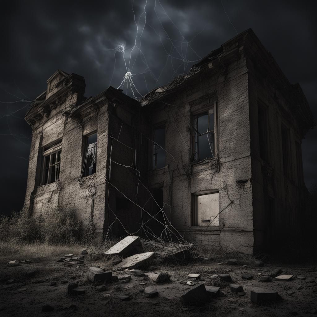 Abandoned Building with Ghost in Dark Sky