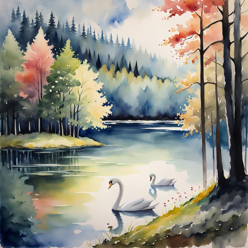 Dreamy Lakeside Scene in Watercolor Style