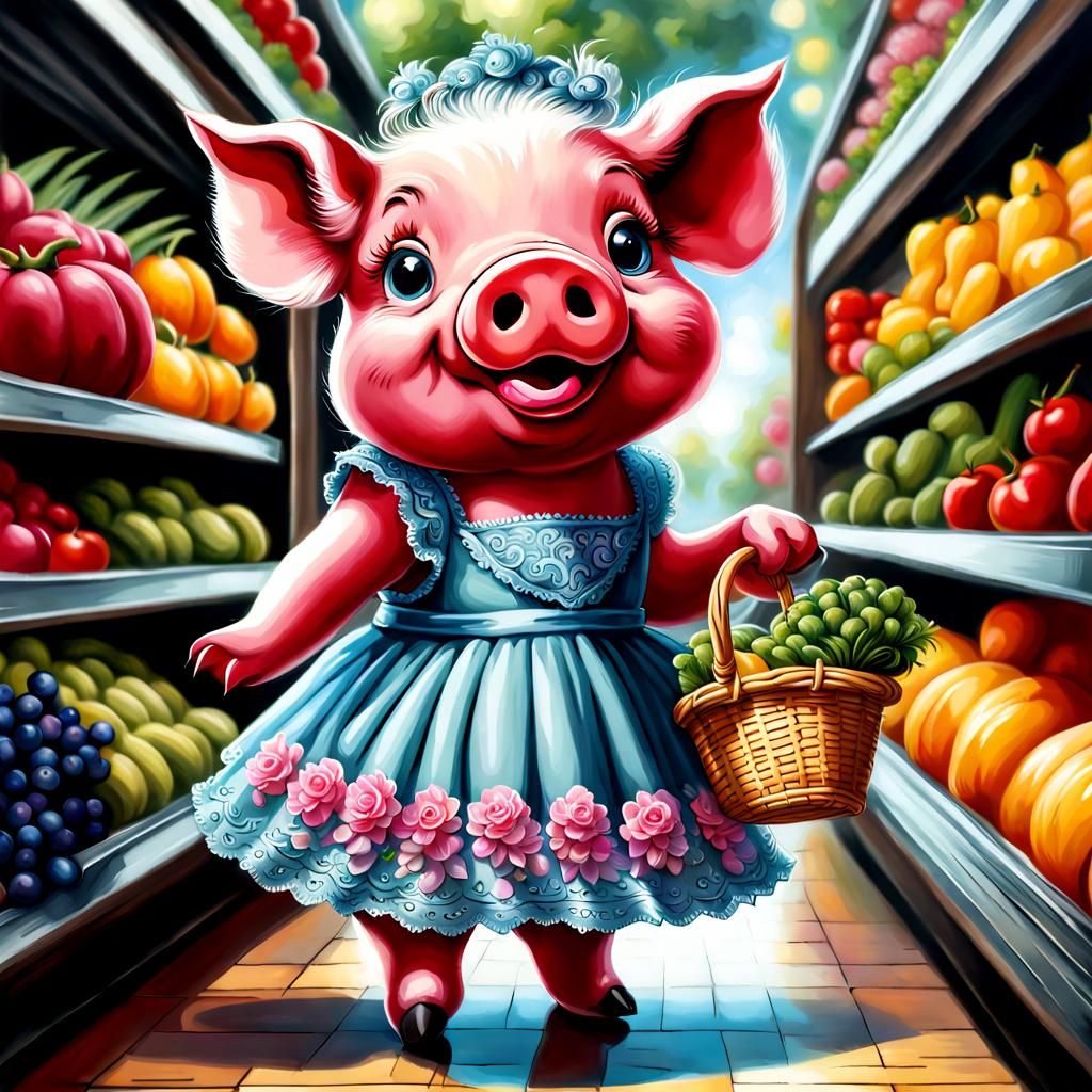 Cute Pig Shopping for Produce in Airbrush Art