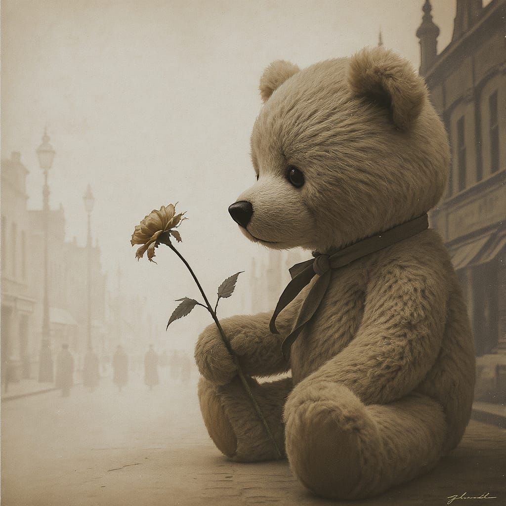 Whimsical Bear Over Victorian Street Double Exposure