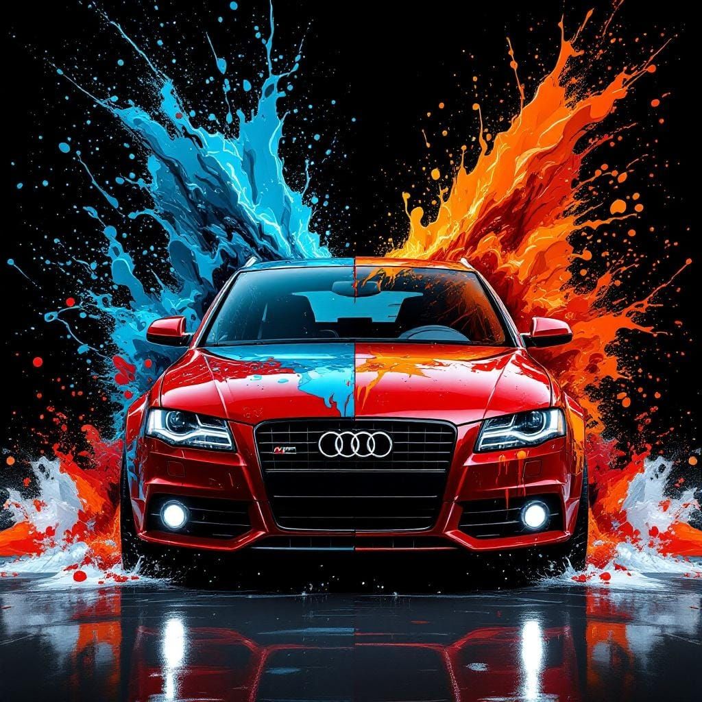 Red Audi A4 in Abstract Paint Explosion