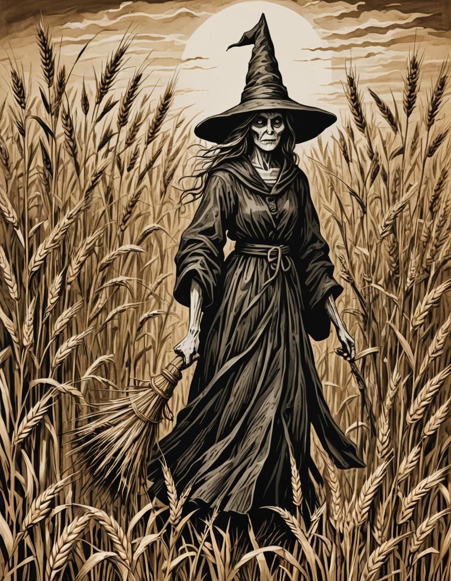 Eerie Folk Art Witchcraft Scene in Gouache Style