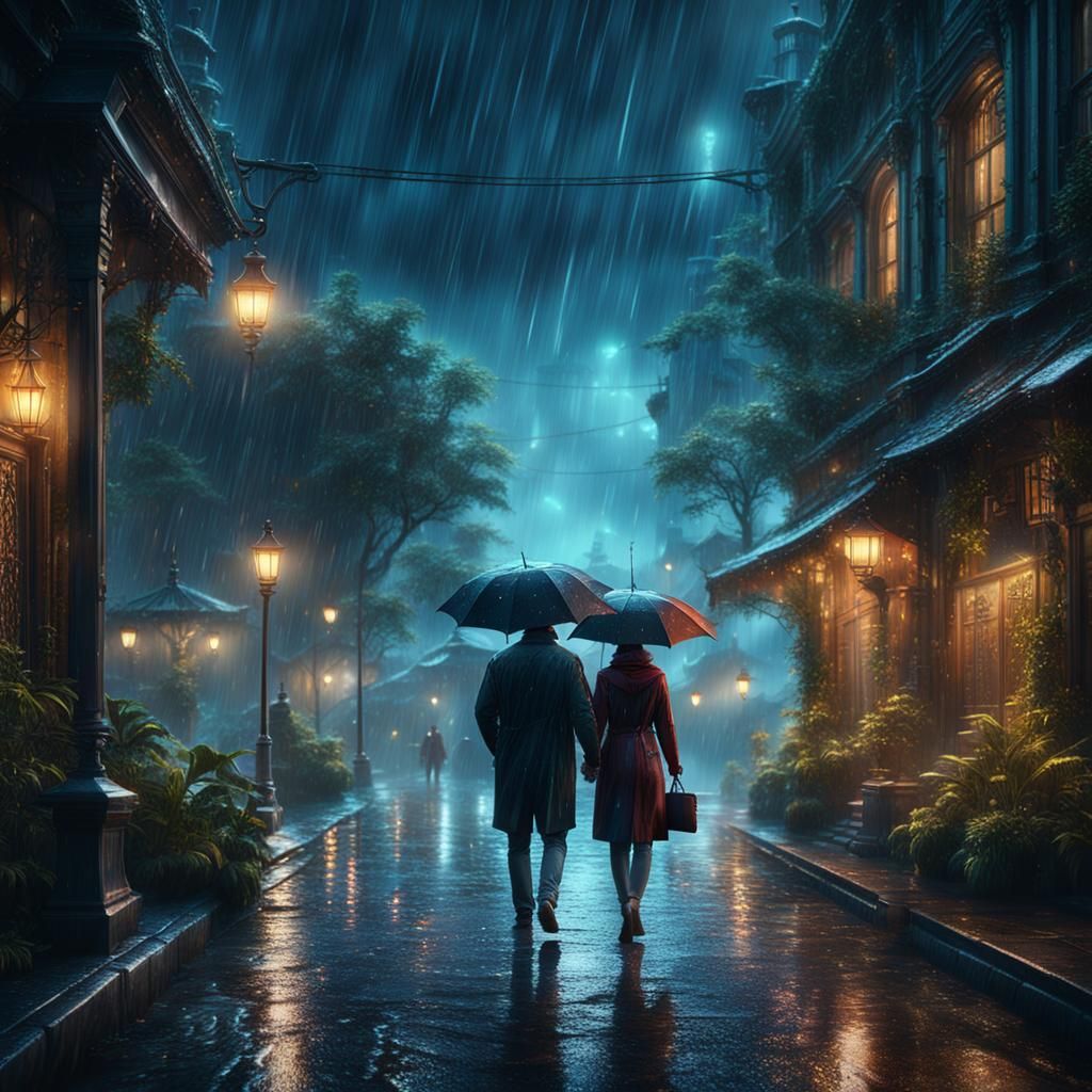Couple Walking in Rainy Night: Fantasy Concept Art