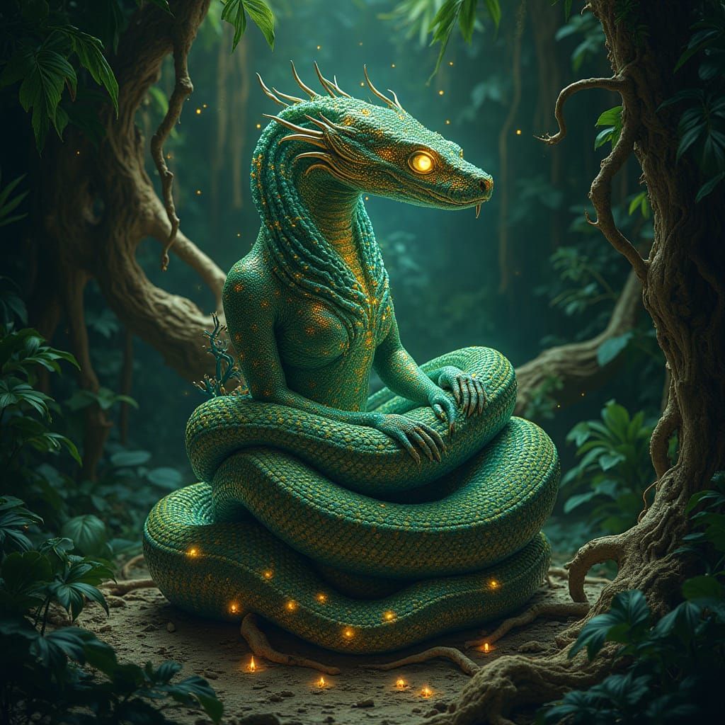 Bioluminescent Cobra-Woman on Root Throne in Art Nouveau Sty...