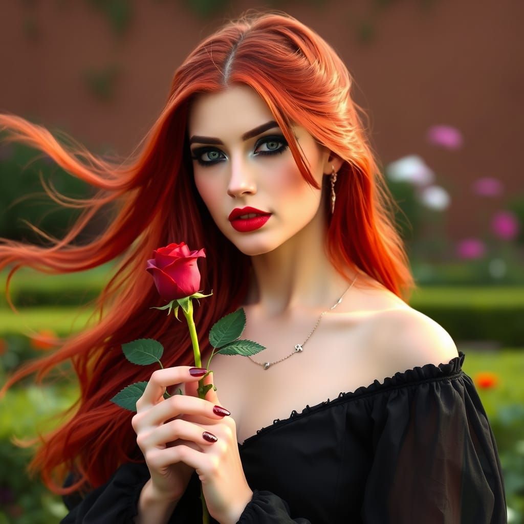 Goddess of Elegance in a Dark Floral Garden