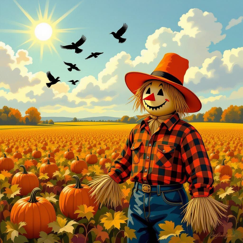 Vibrant Pumpkin Patch with Humorous Scarecrow