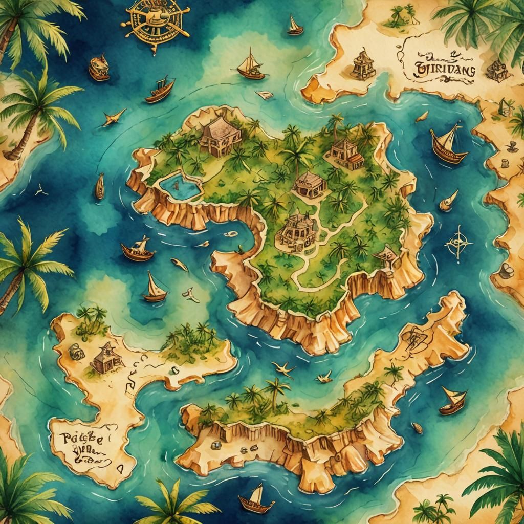 Detailed Pirate Treasure Map in Watercolor Style