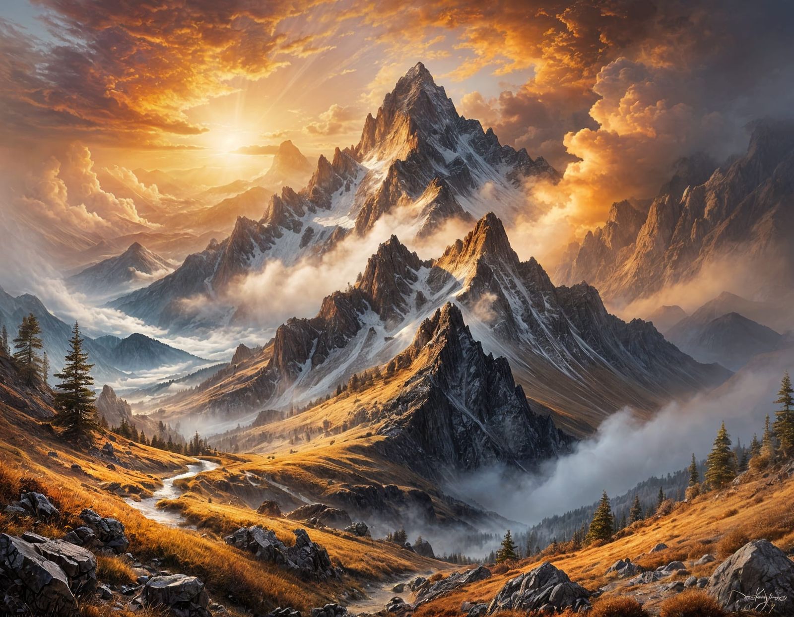 Mountain Sunrise with Golden Light, Abstract Art