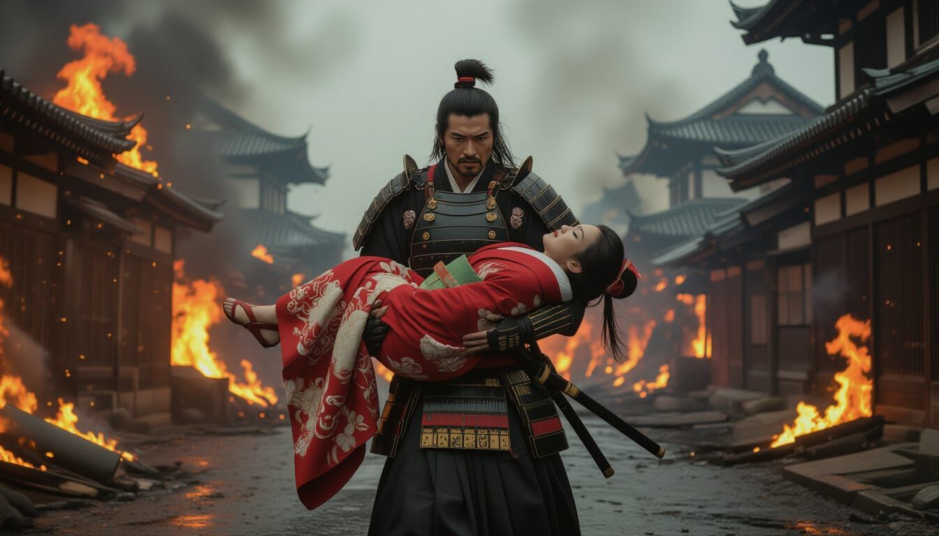 Samurai's Tragedy in Burning Cityscape