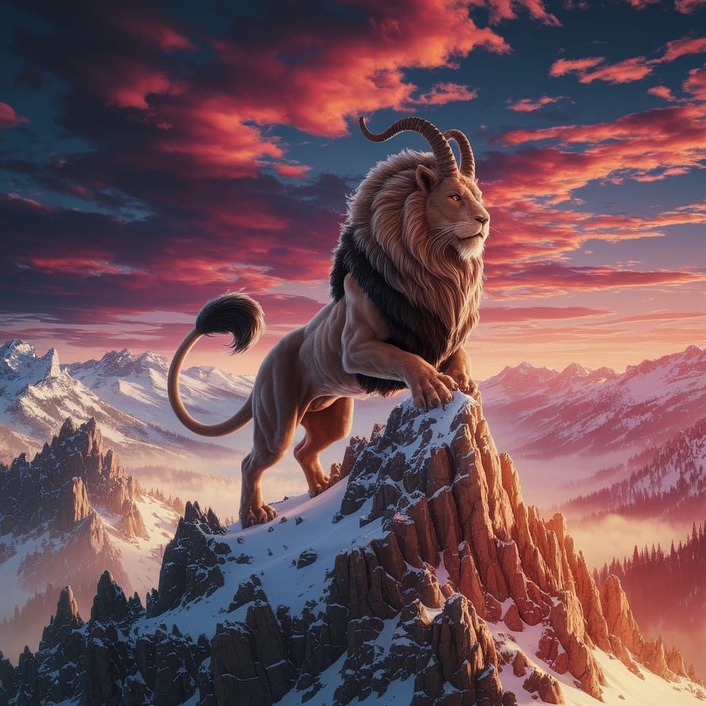 Majestic Chimera Reigns Over Snowy Mountain Peaks in Vibrant...