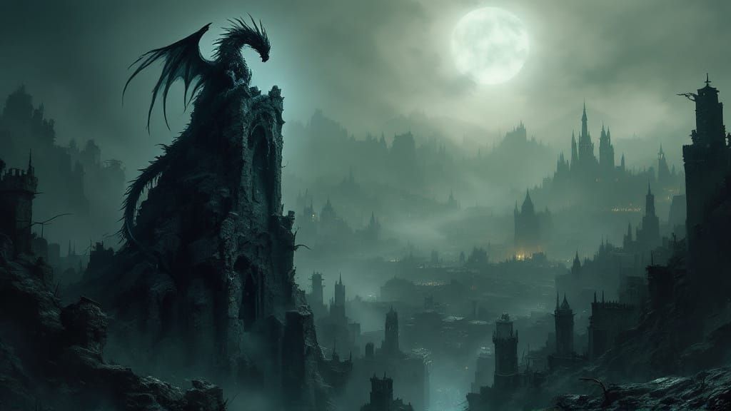 Ancient Dragon Over Gothic Cityscape in Twilight