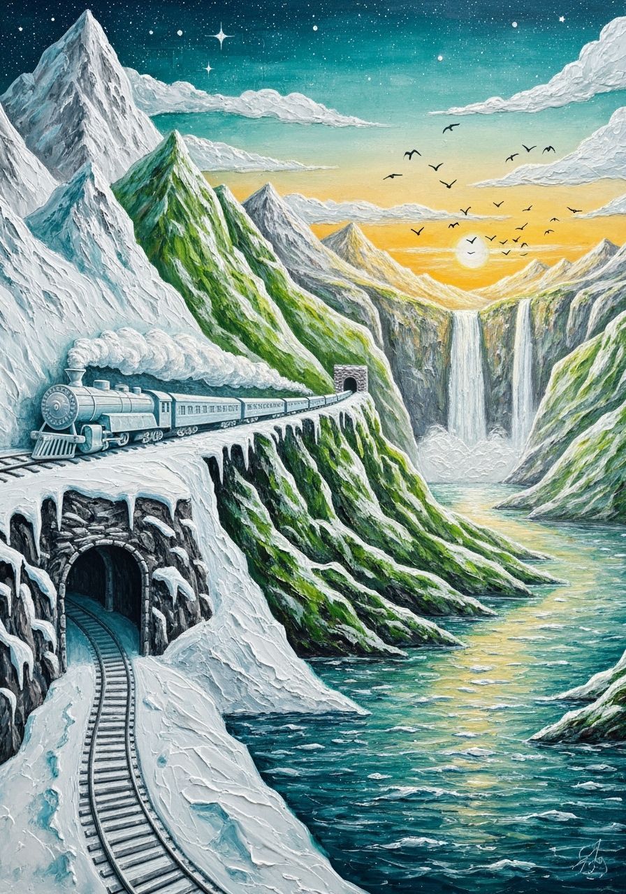 Snowy Mountain Landscape with Ice Train at Sunset