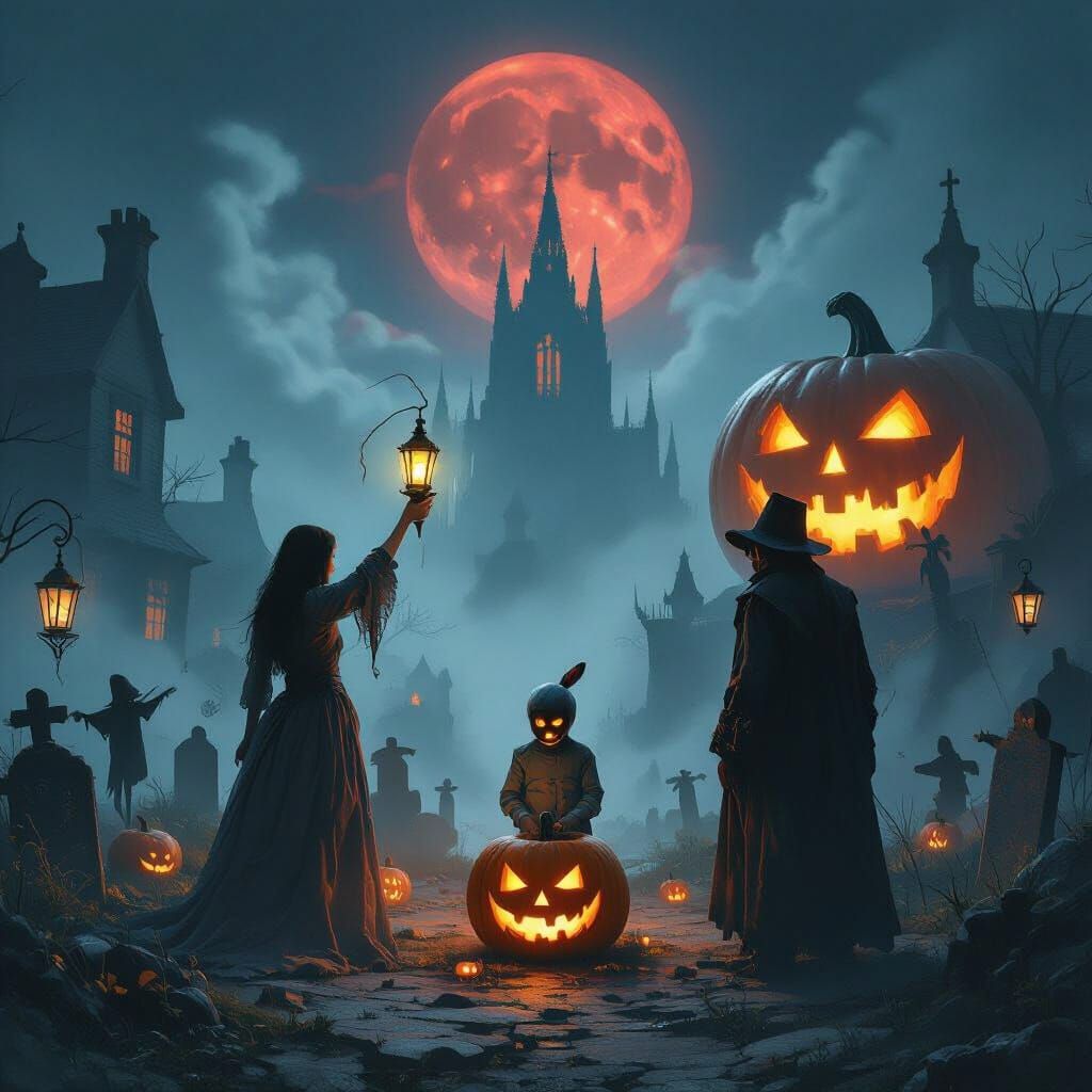 Gothic Horror Scene: Figures Under Blood Moon