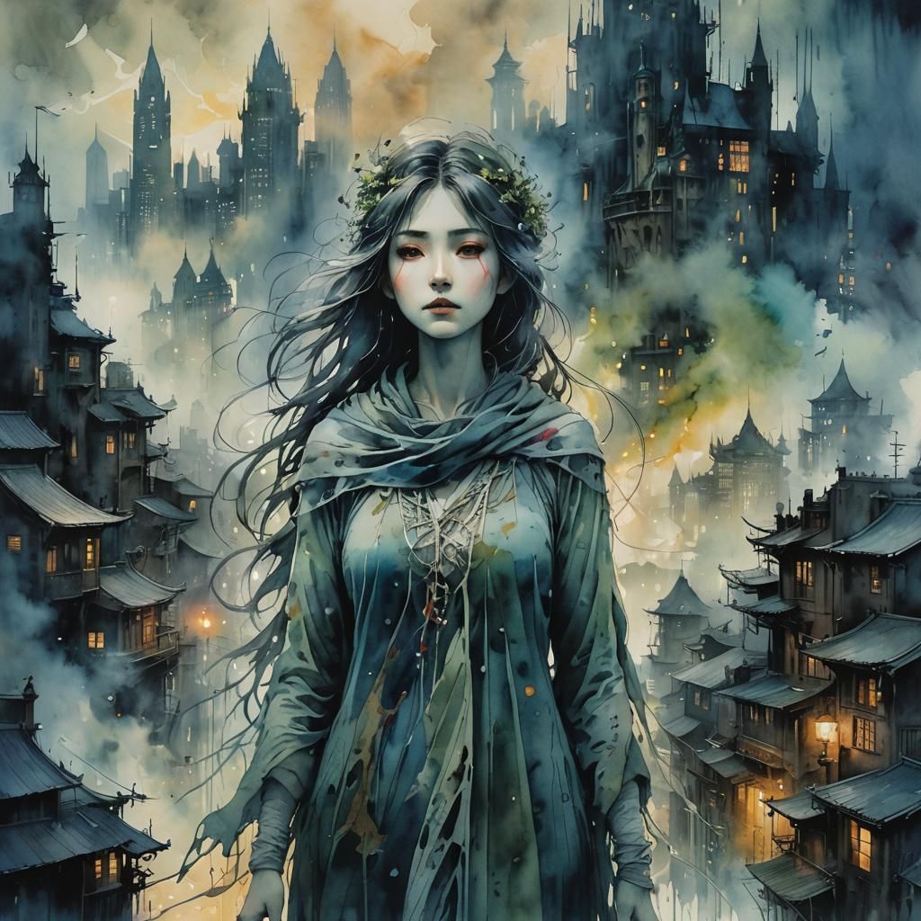 Ghostly Woman Haunting Misty City in Watercolor