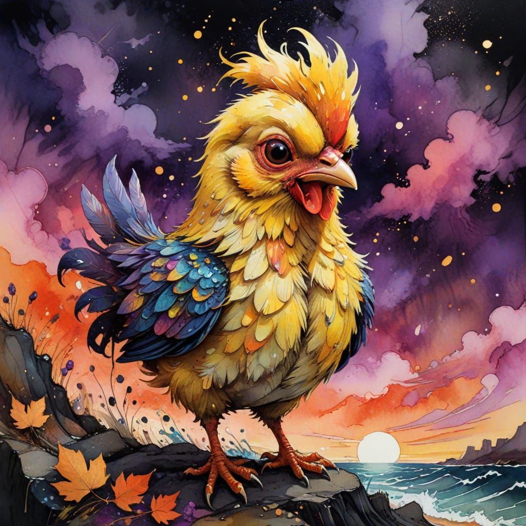 Grumpy Chibi Chicken Alien in Sunset Landscape