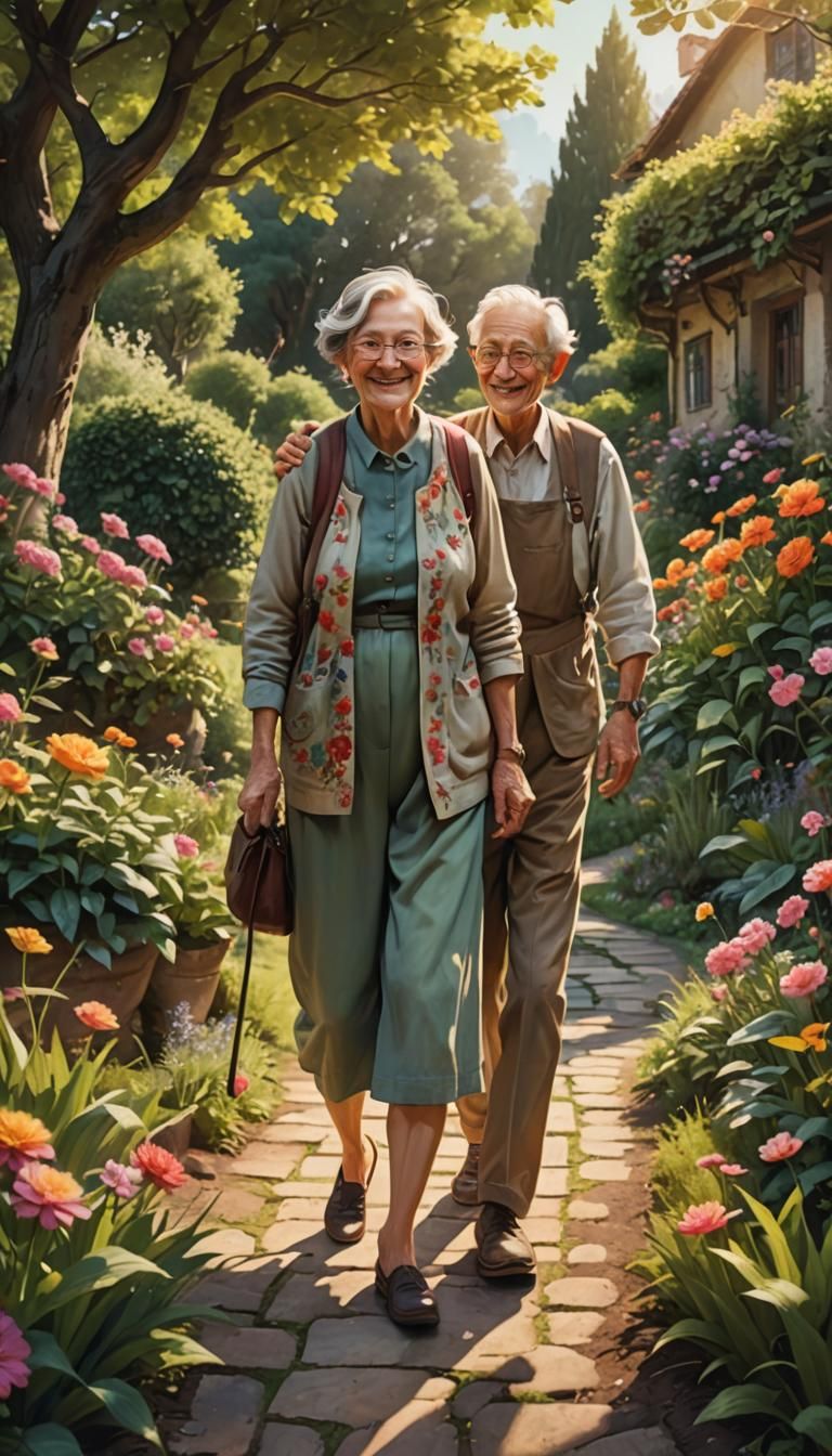 Elderly Couple Strolling Through a Blooming Garden
