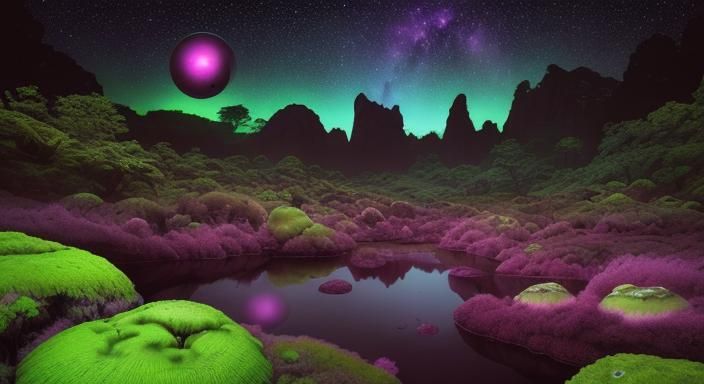 Alien Planet with Bioluminescent Mushrooms Landscape