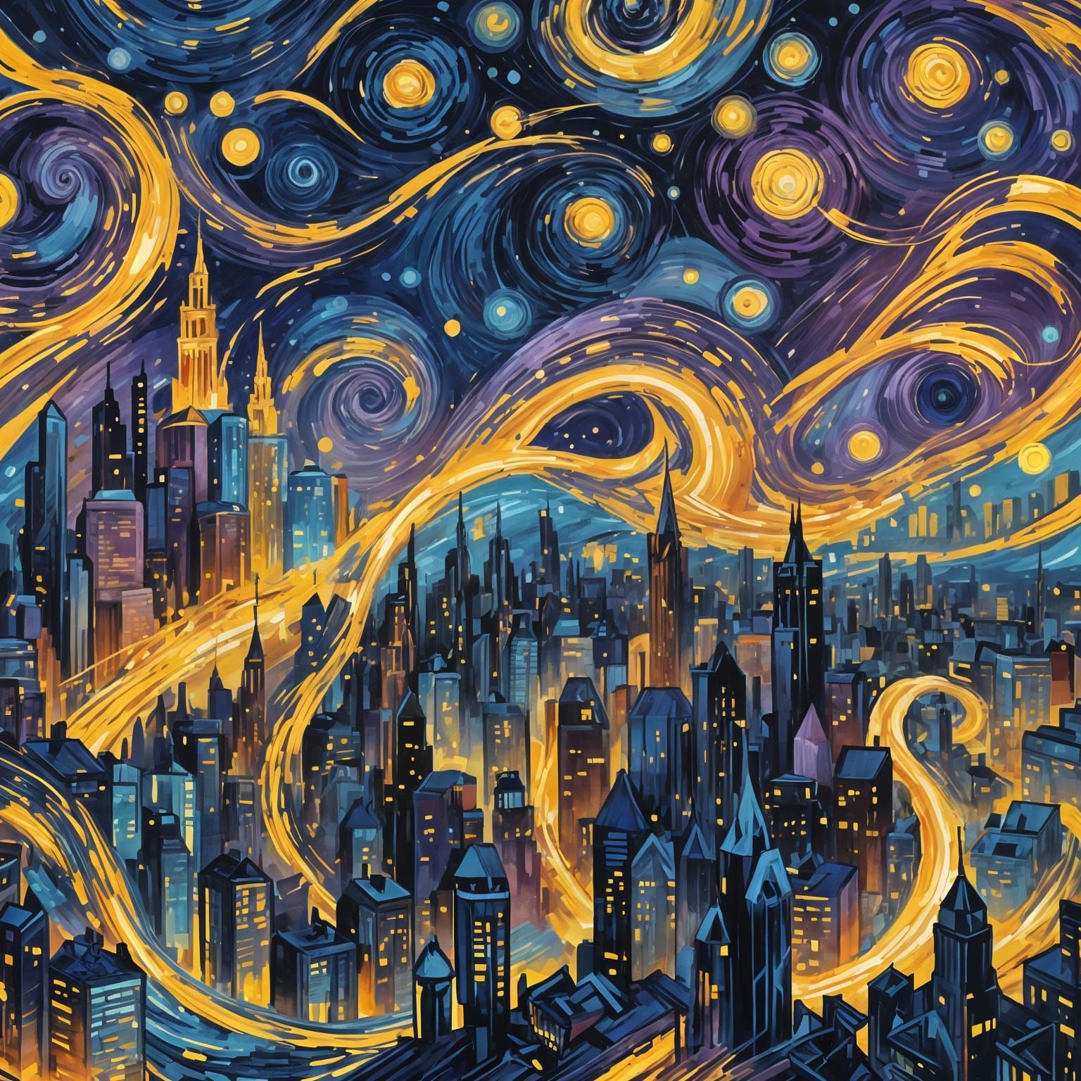 Starry Futuristic Cityscape in Impasto Style