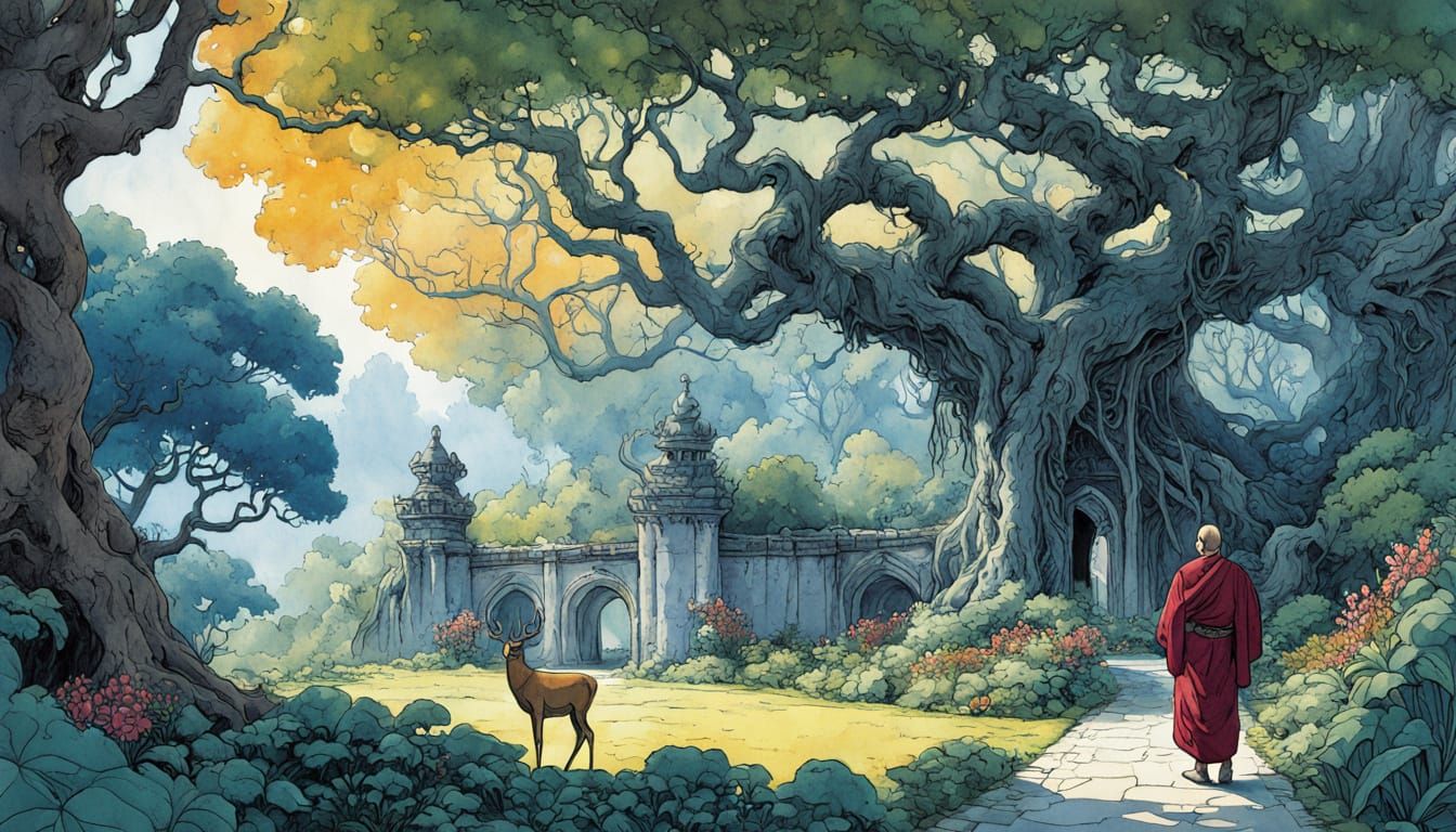 Rainforest Palace with Monks in Watercolor Style