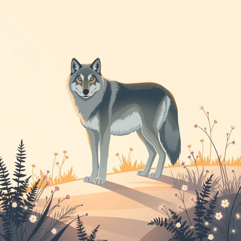 A minimalist, semi-realistic illustration of a mountain wolf...