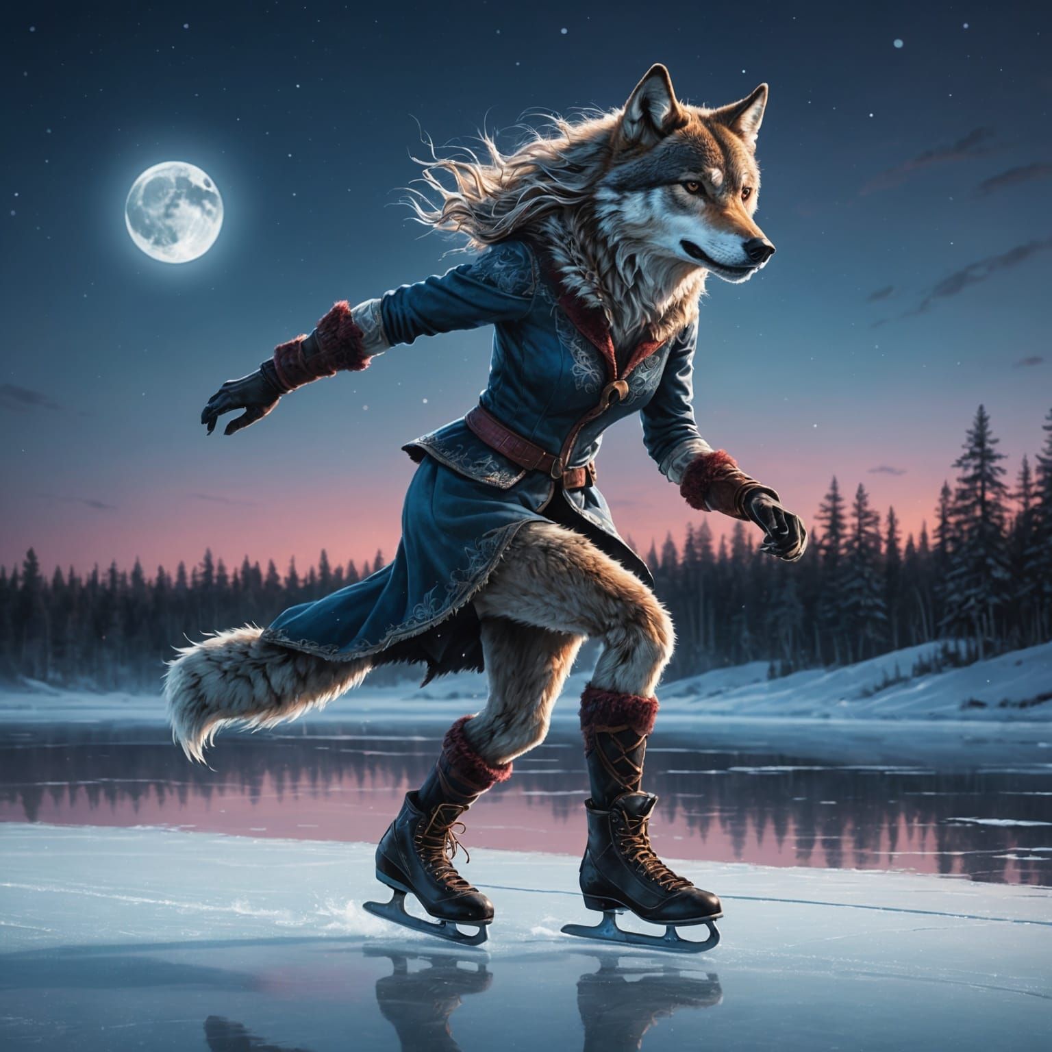Wolf-Headed Woman Skating on Frozen Lake