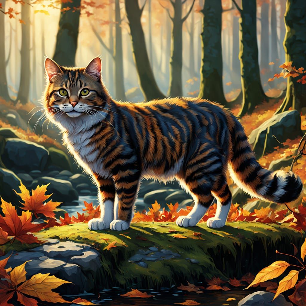 Wild Forest Cat on Autumn Ford, Fantasy Art