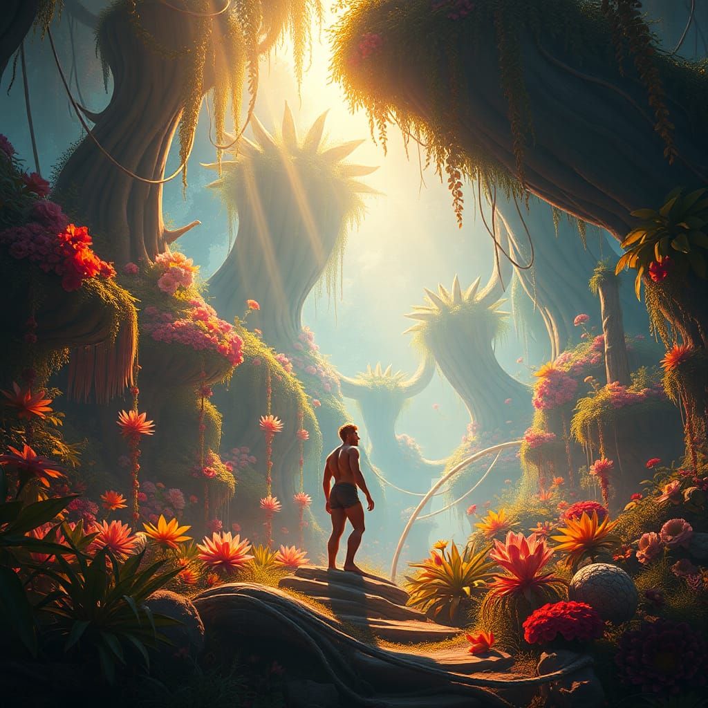 Adam in Ethereal Garden, Atmospheric Matte Painting