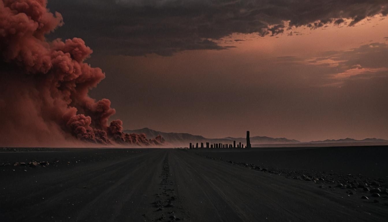 Smokey ethereal landscape, single row of monolithic towers into the distance, Black sand, dark red and black sky,  no su...