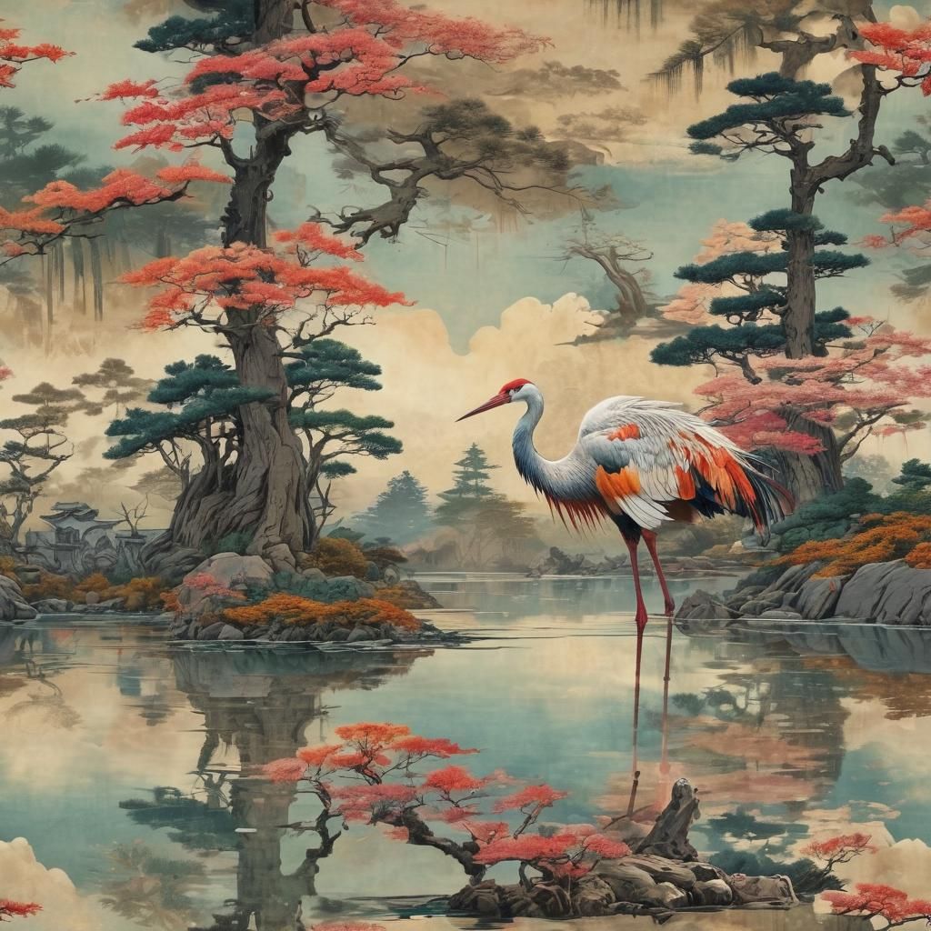 Crane in Lake: Japanese Screen Painting Style