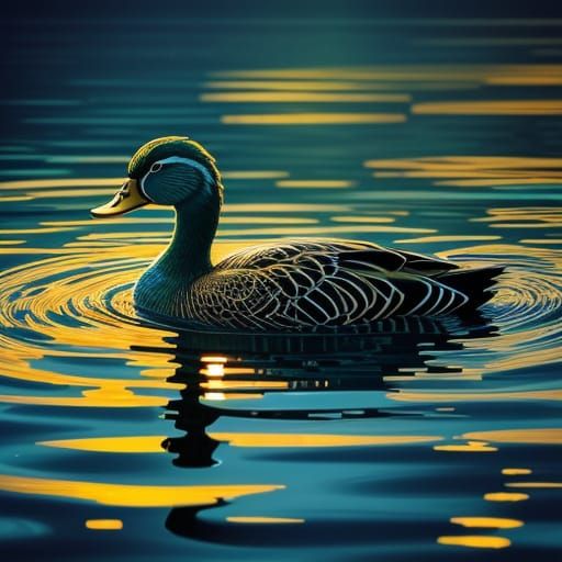Duck Swimming in Lake at Sunset: Digital Painting