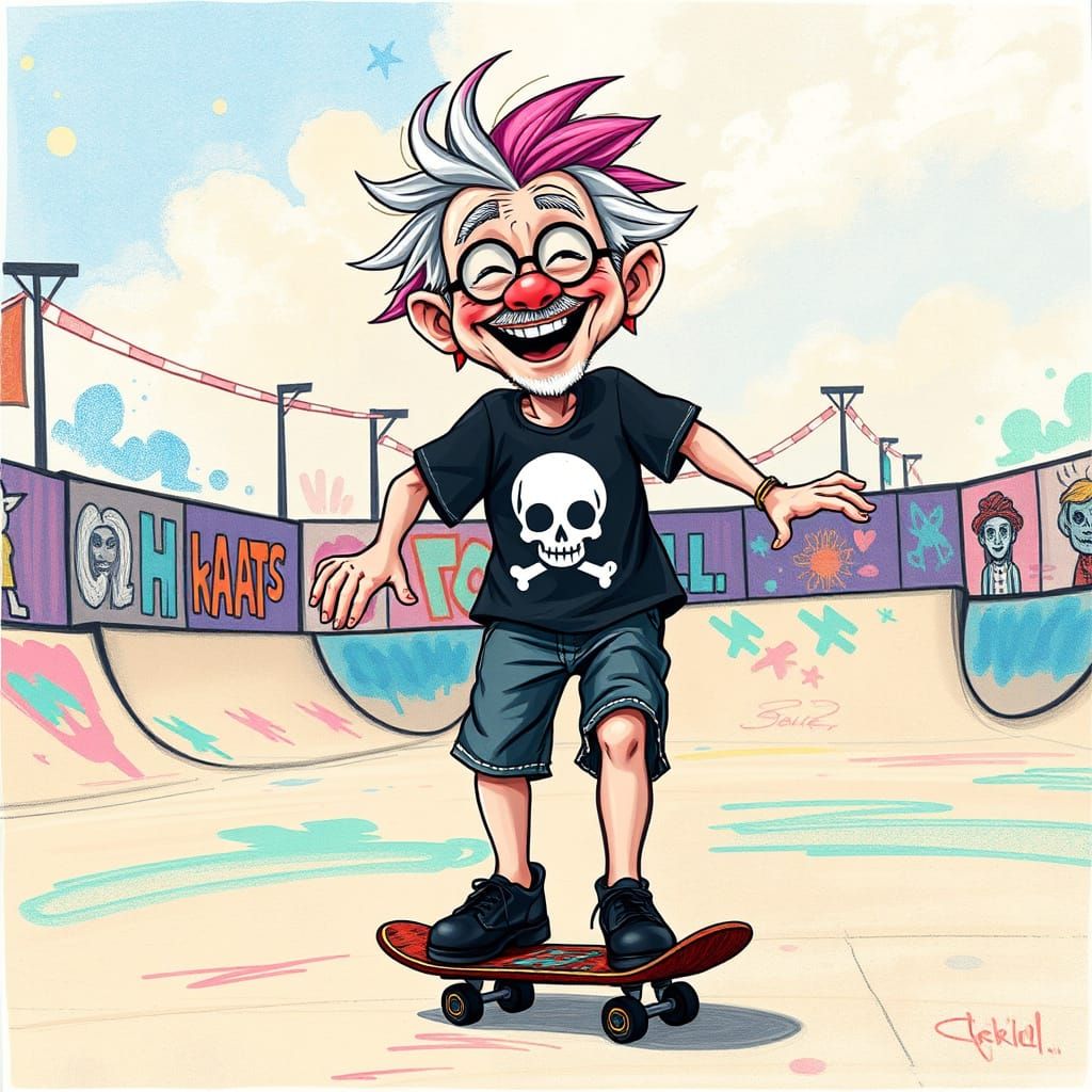 Joyful Grandpa Skateboarding in Psychedelic Cartoon Style