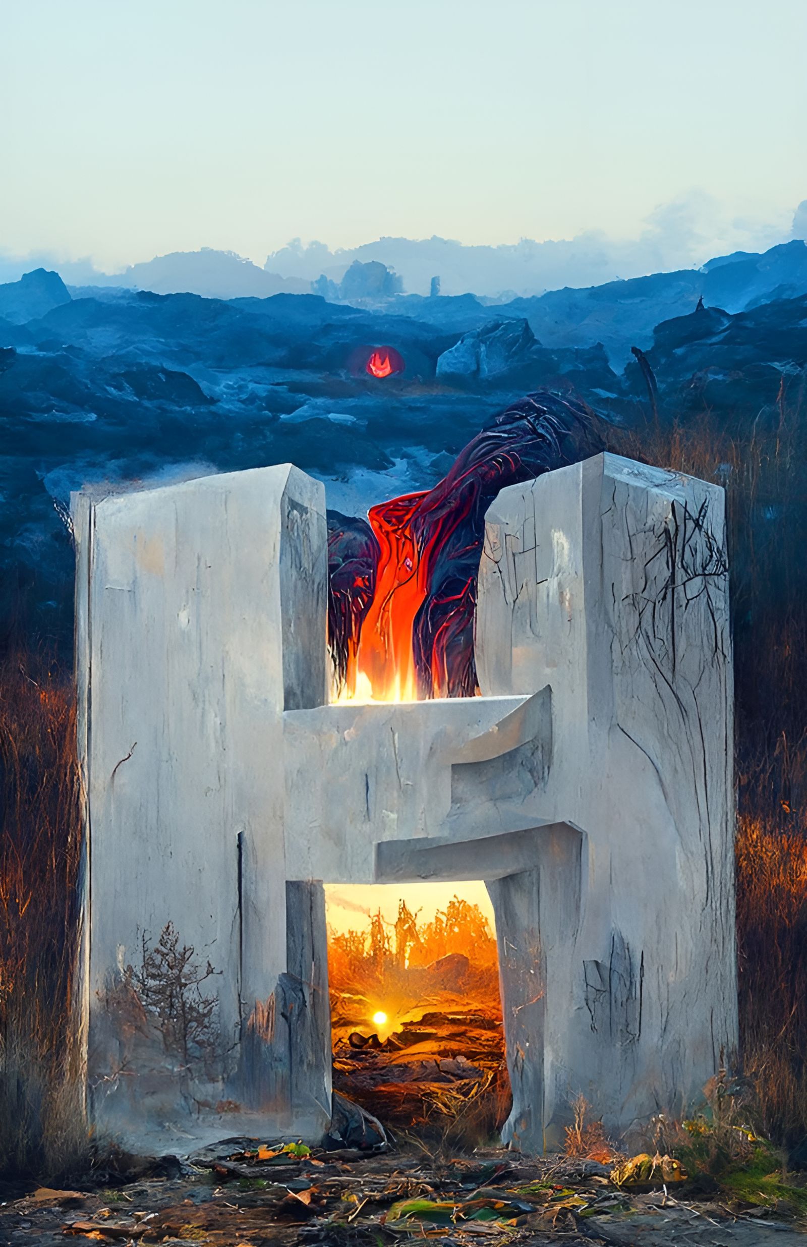 Flaming Stone Letter H in Photorealistic Style