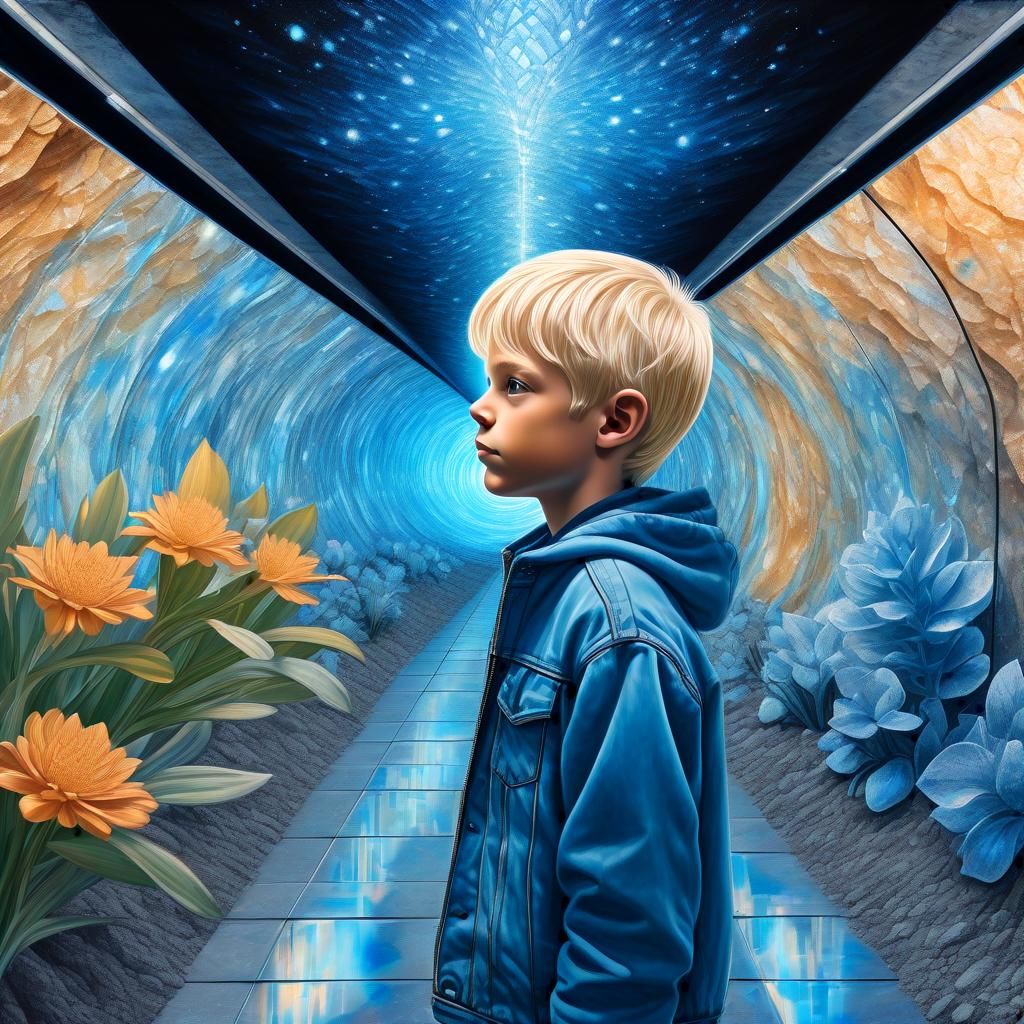 Crystal Gallery with Boy, Cosmic Illustration