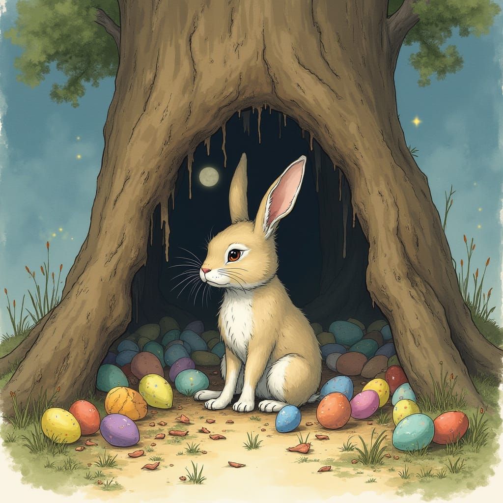 Whimsical Easter Bunny in a Cluttered Burrow