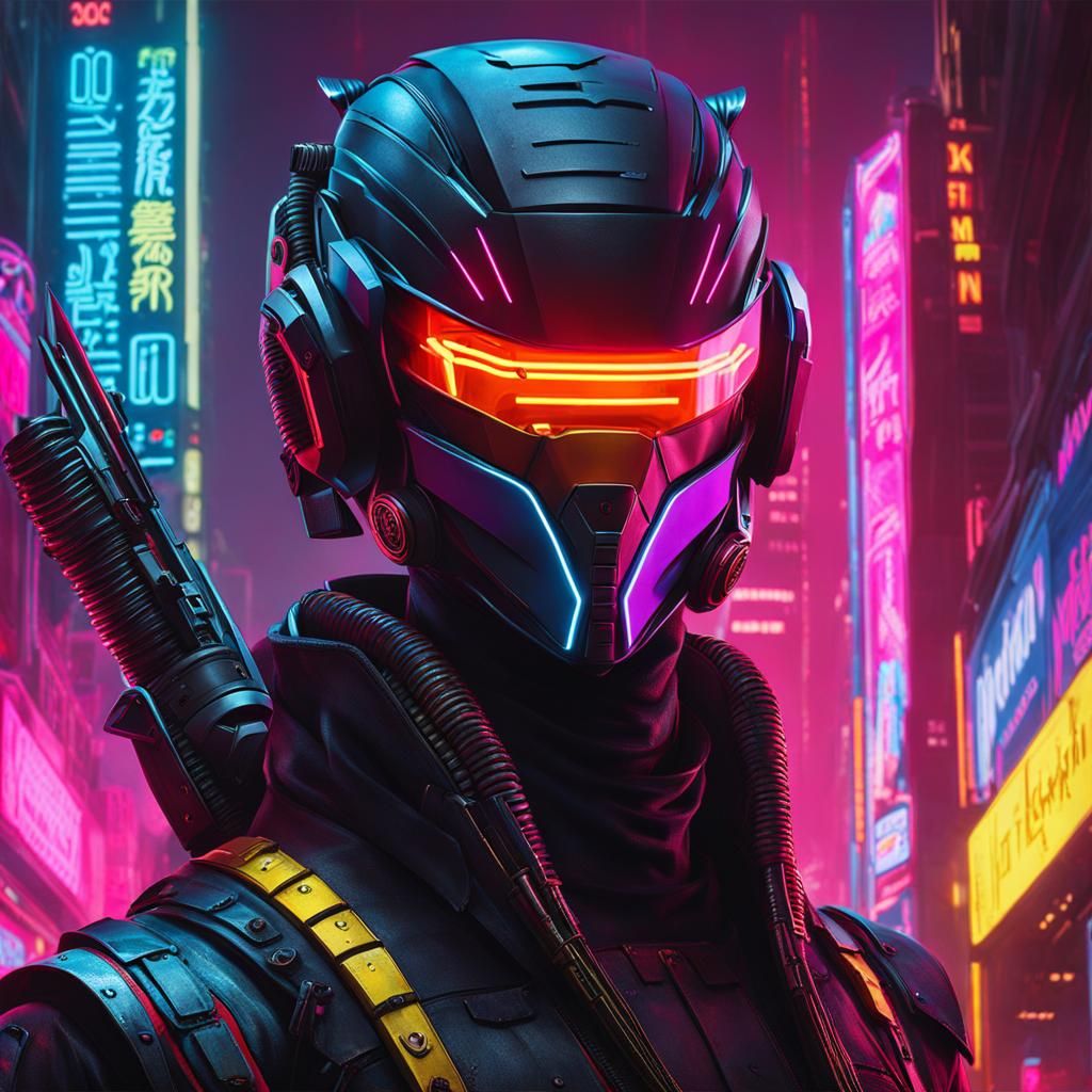 Cyberpunk Ninja Bot in Neon Cityscape
