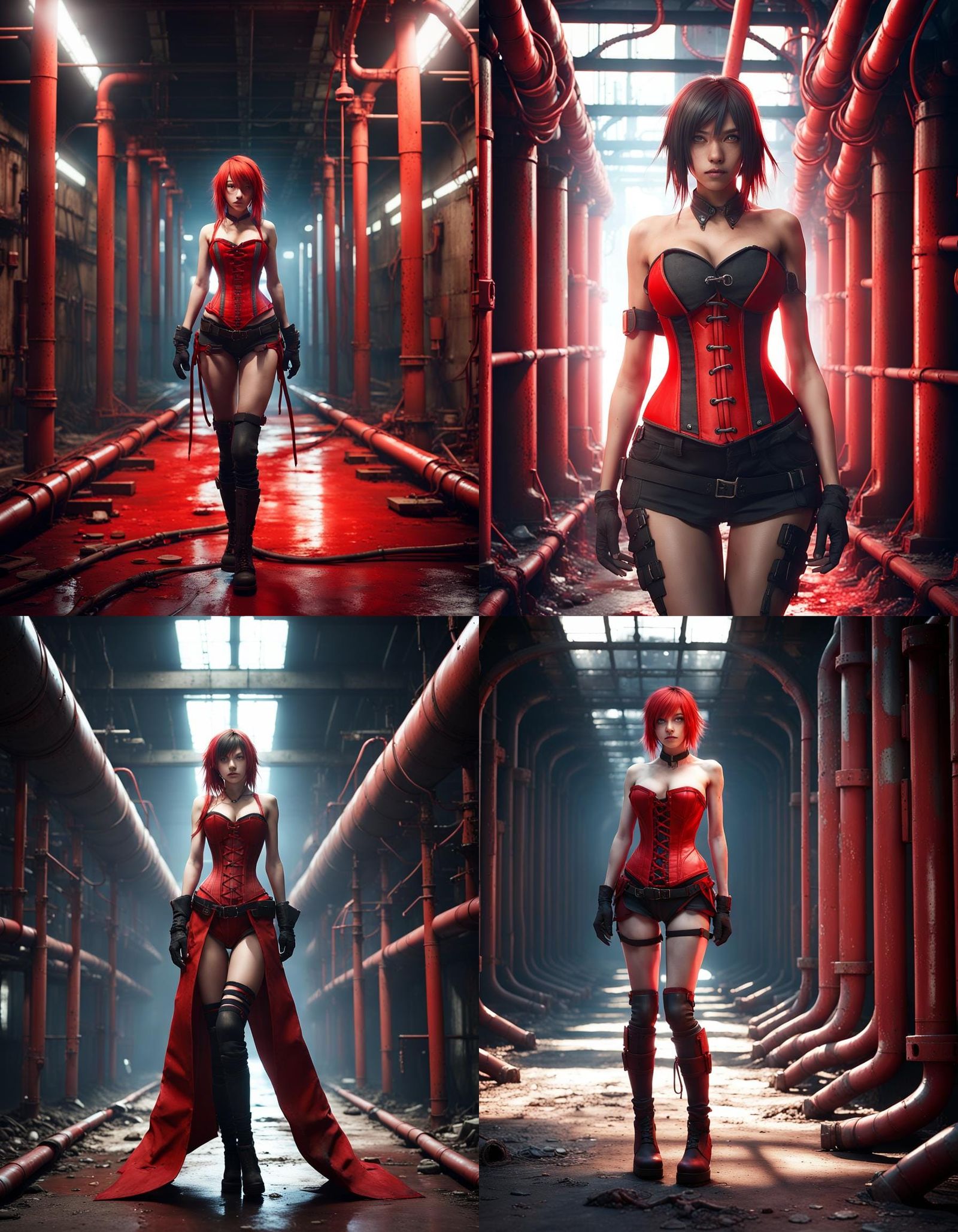 Elegant Anime Girl in a Red Corset Amidst Industrial Splendo...