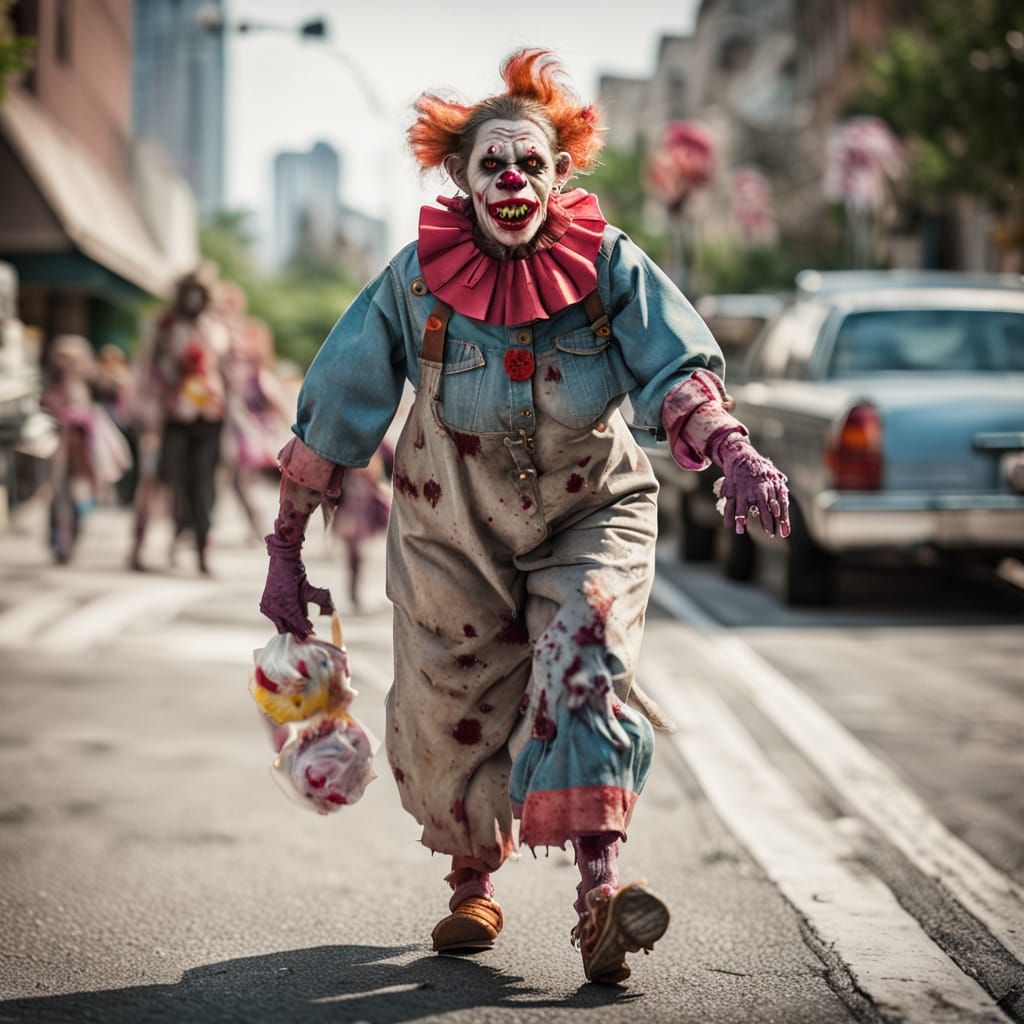 Zombie Monkey Clown Washerwoman on City Sidewalk