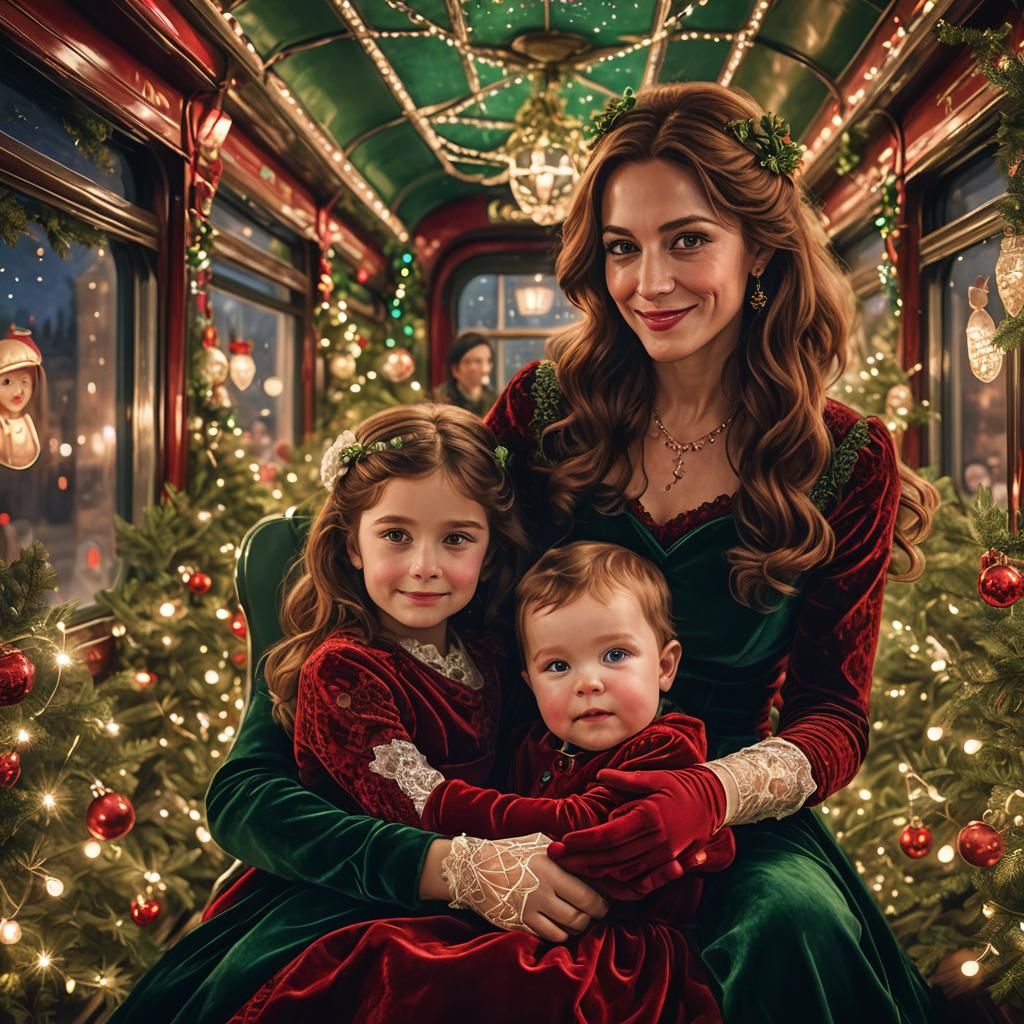 Victorian Mother with Twins on Christmas Train
