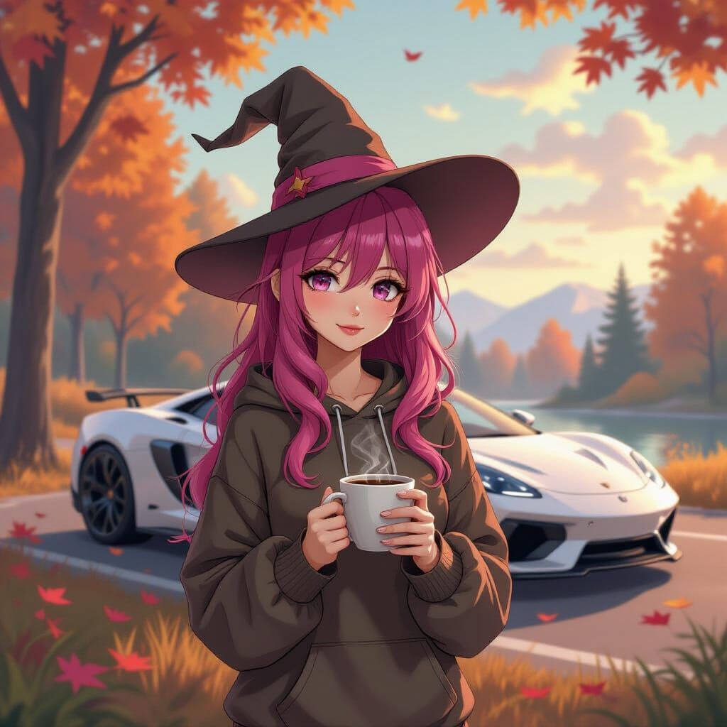 Anime Witch in Autumn Landscape with Sports Car
