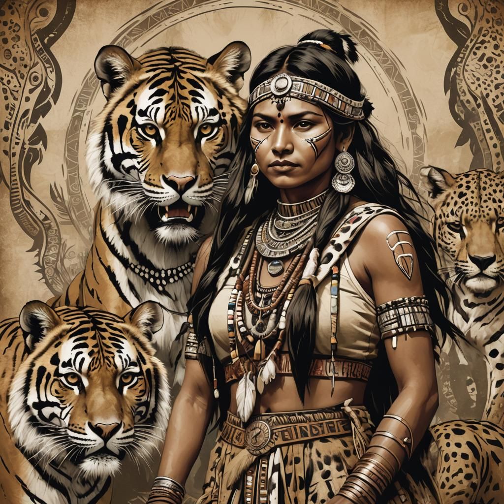 Tribal Woman with Tiger and Cheetah