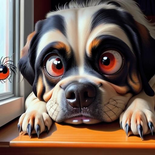 Angry Dog with Spider: Whimsical Close-Up