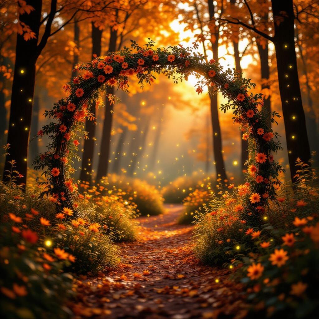 Enchanted Fall Forest with Flower Arch and Fireflies