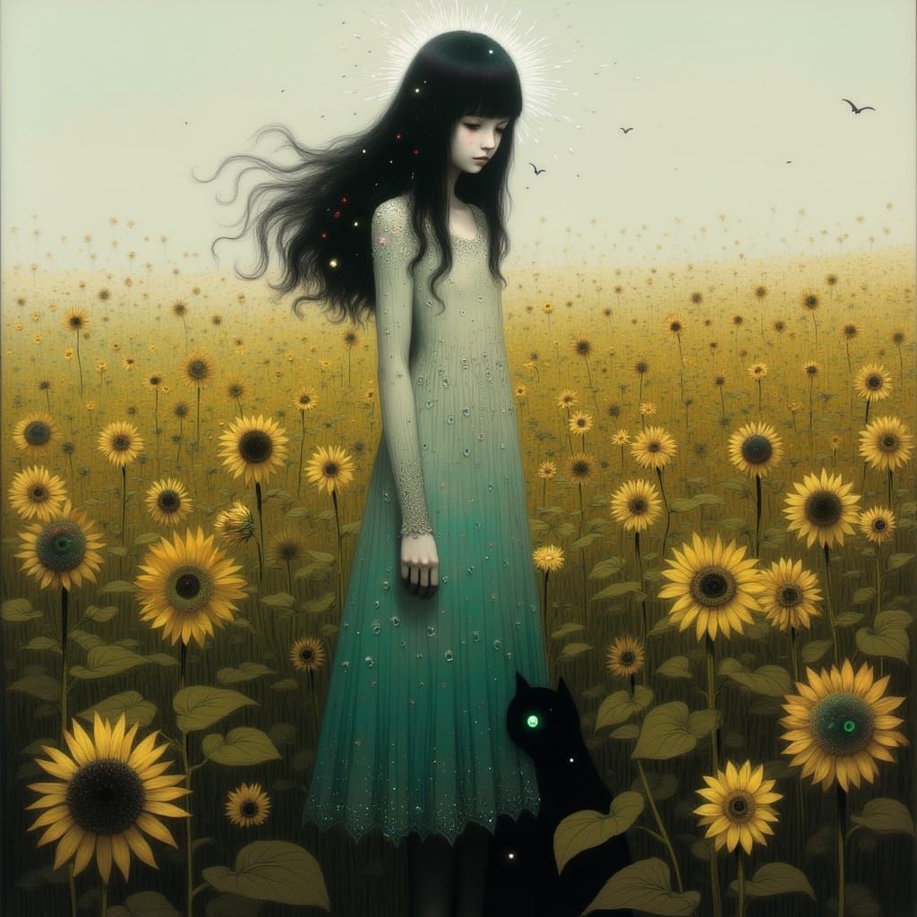 Ethereal Beauty Among Sunflowers in Whimsical Anime Style